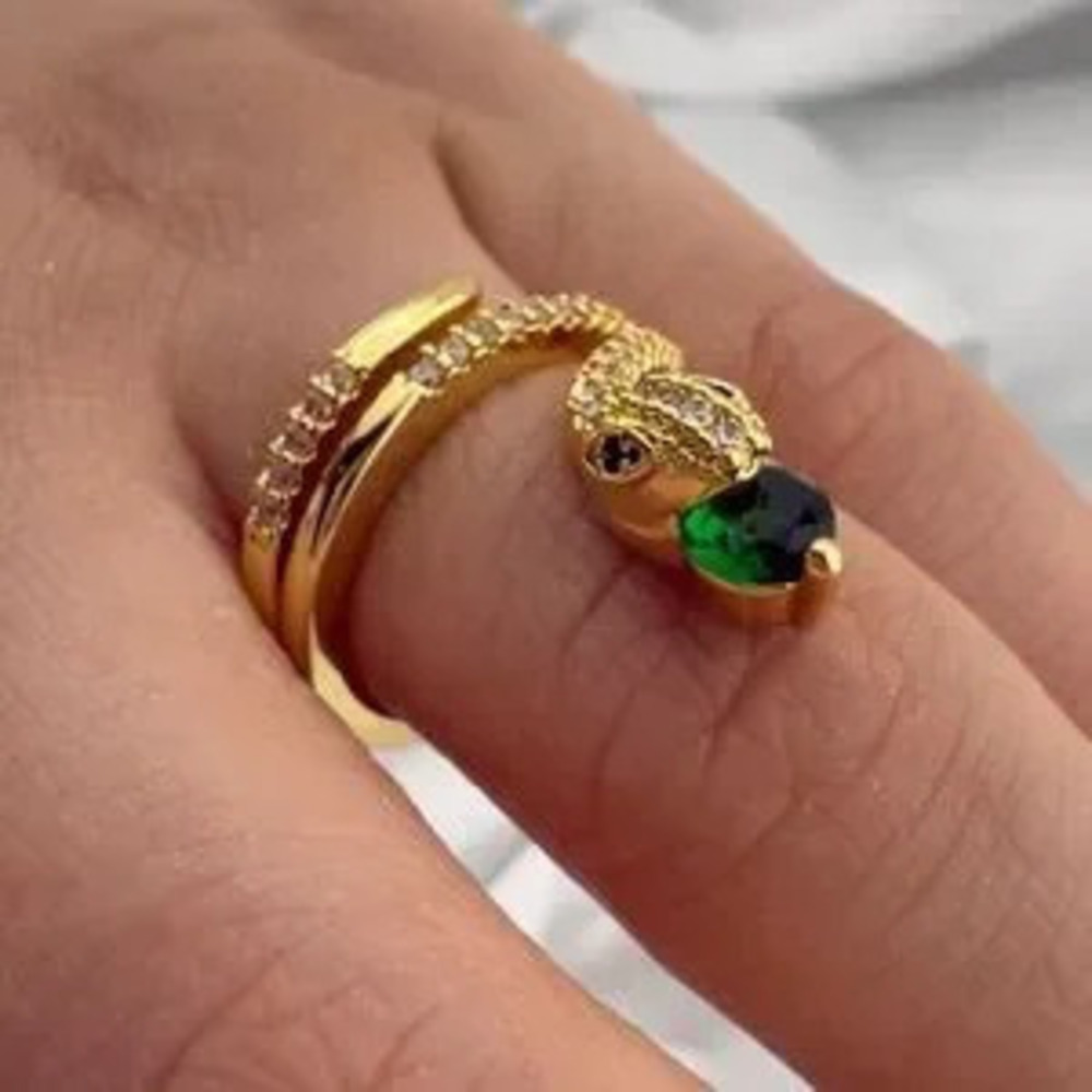 Gold Snake Ring - Green for Women Adjustable